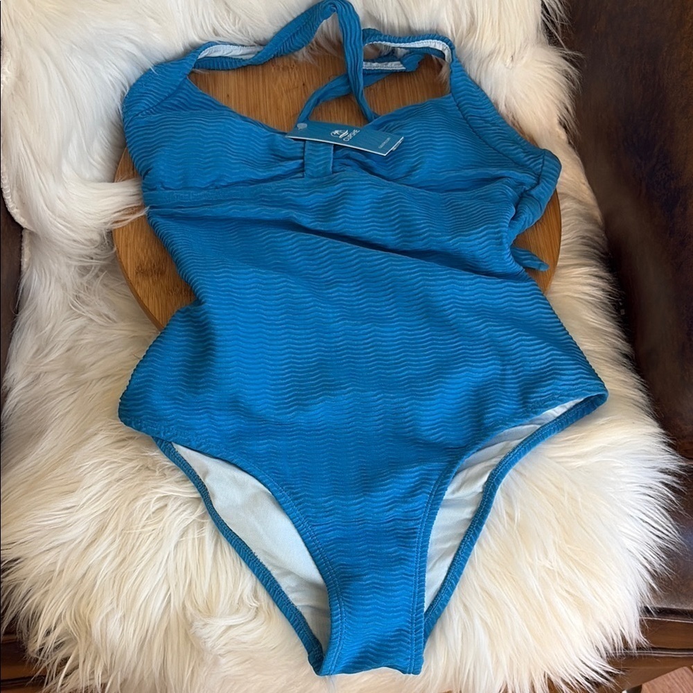 Cupshe NWT Blue Slim & Sculpt Criss Cross Tie Back One-Piece Bathing Swim Suit S